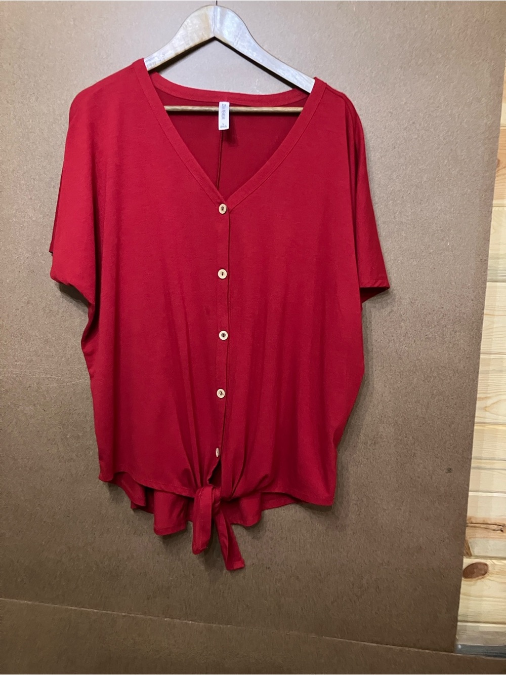 Zenana Outfitters Crimson V-Neck Button-Front Tie Hem Top - Picture 9 of 9